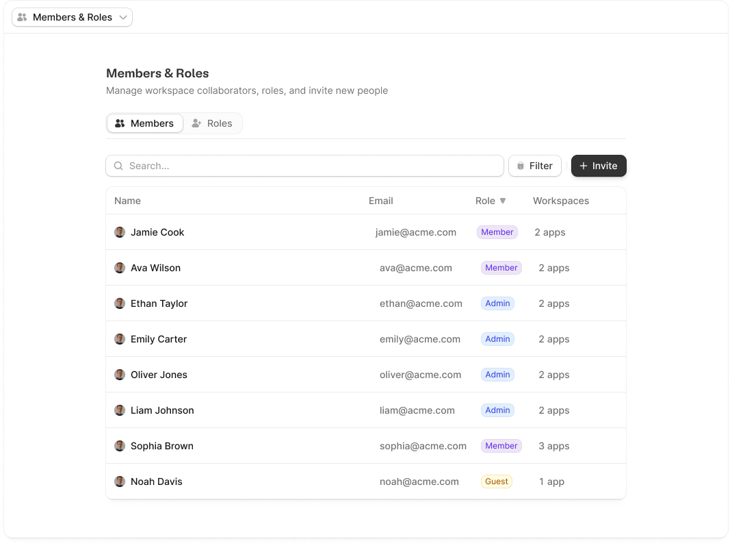 The Members tab for a Zite workspace showing workspace members and their roles