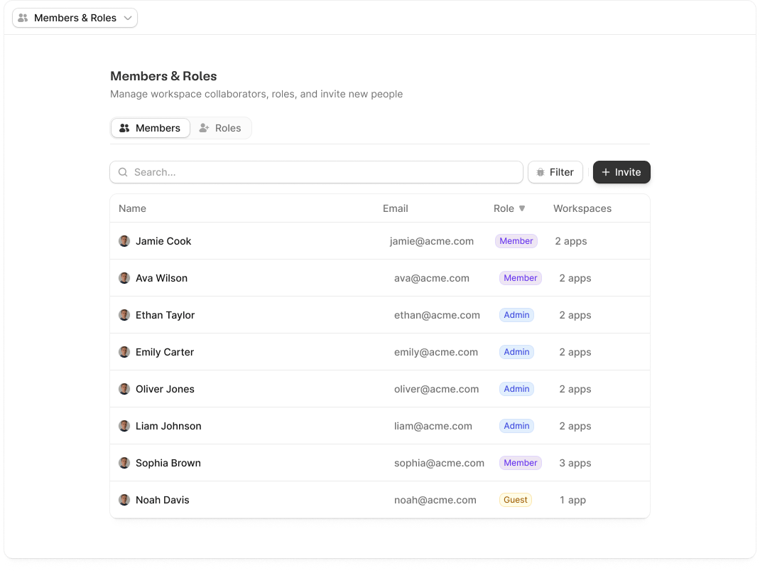 The Members tab for a Zite workspace showing workspace members and their roles