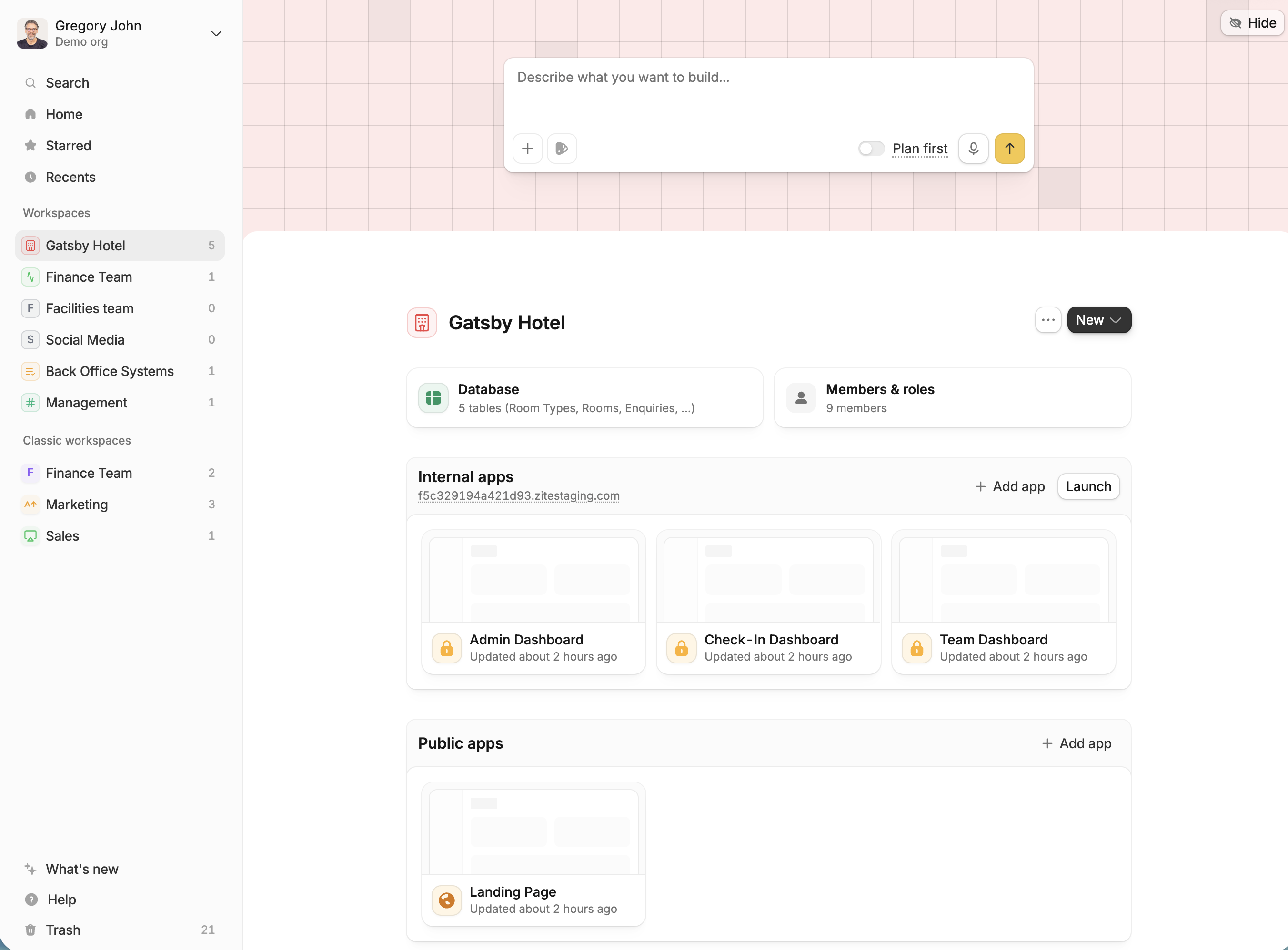 A Zite workspace with a database, members and roles, external apps, and internal apps
