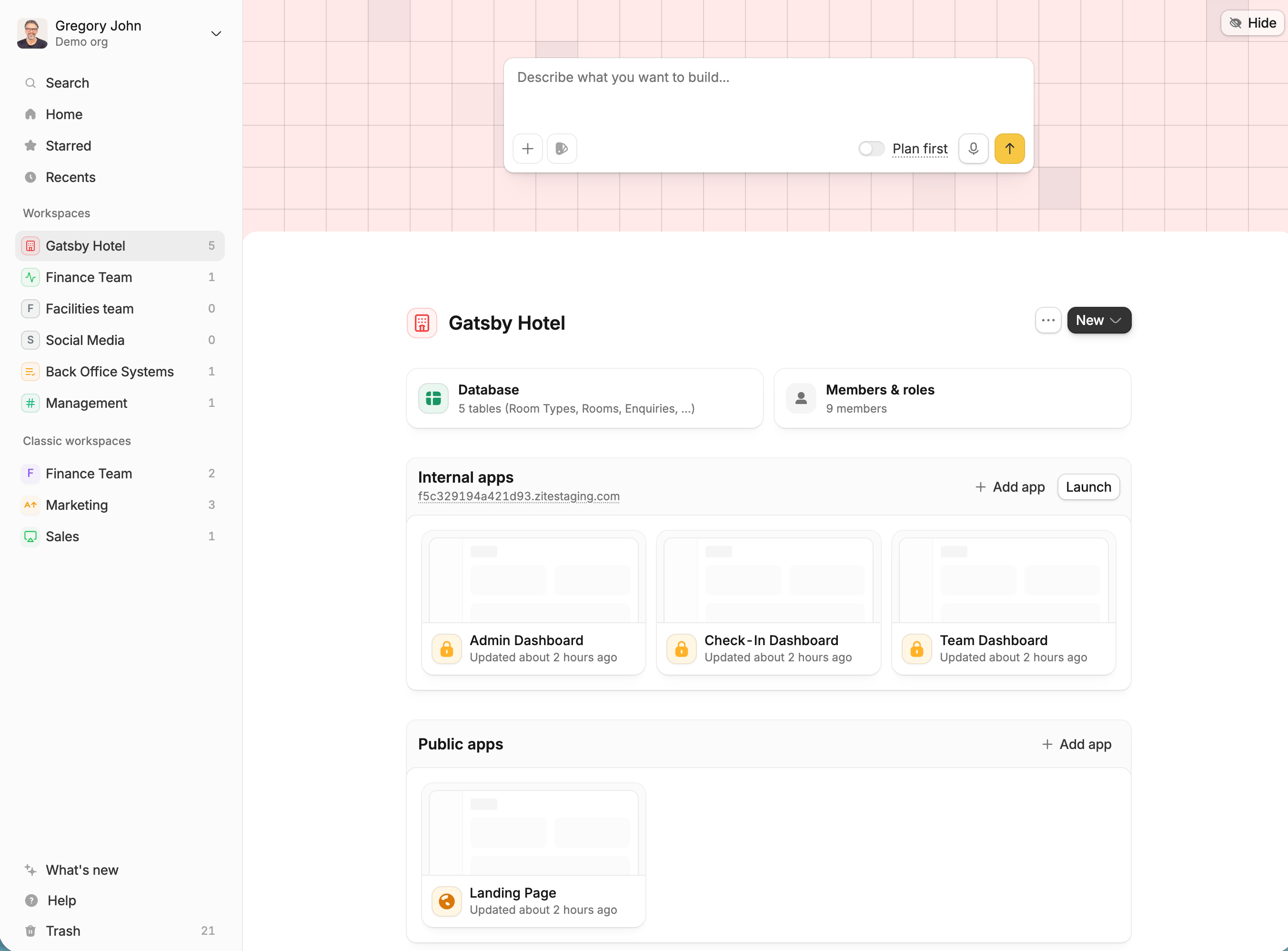 A Zite workspace with a database, members and roles, external apps, and internal apps