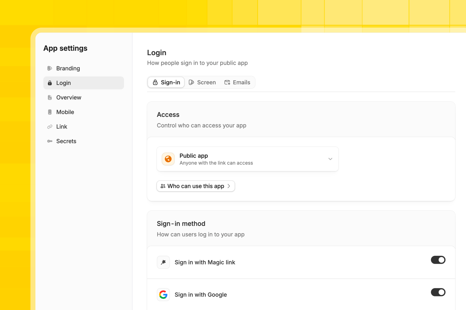 Login settings in App settings, with controls for app access and sign-in methods