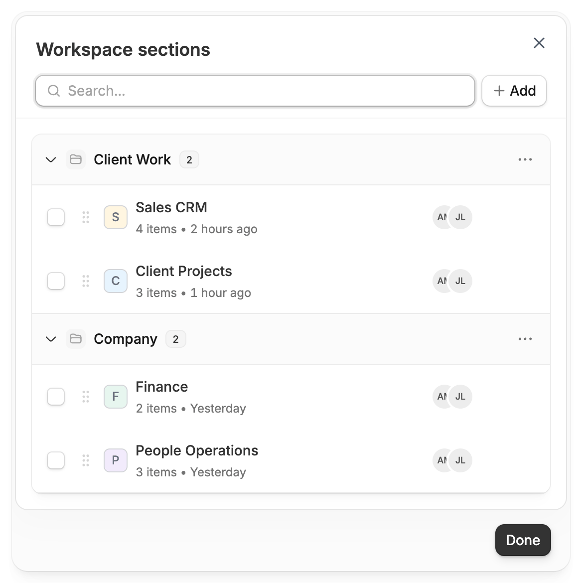 Workspace sections panel showing four example workspaces across Client Work and Company, with two workspaces in each section.