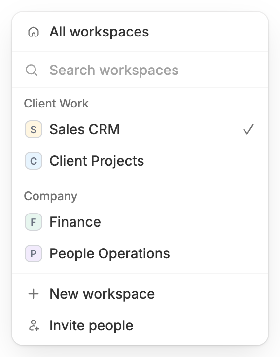 Workspace switcher with All workspaces, Sales CRM and Client Projects under Client Work, and Finance and People Operations under Company.