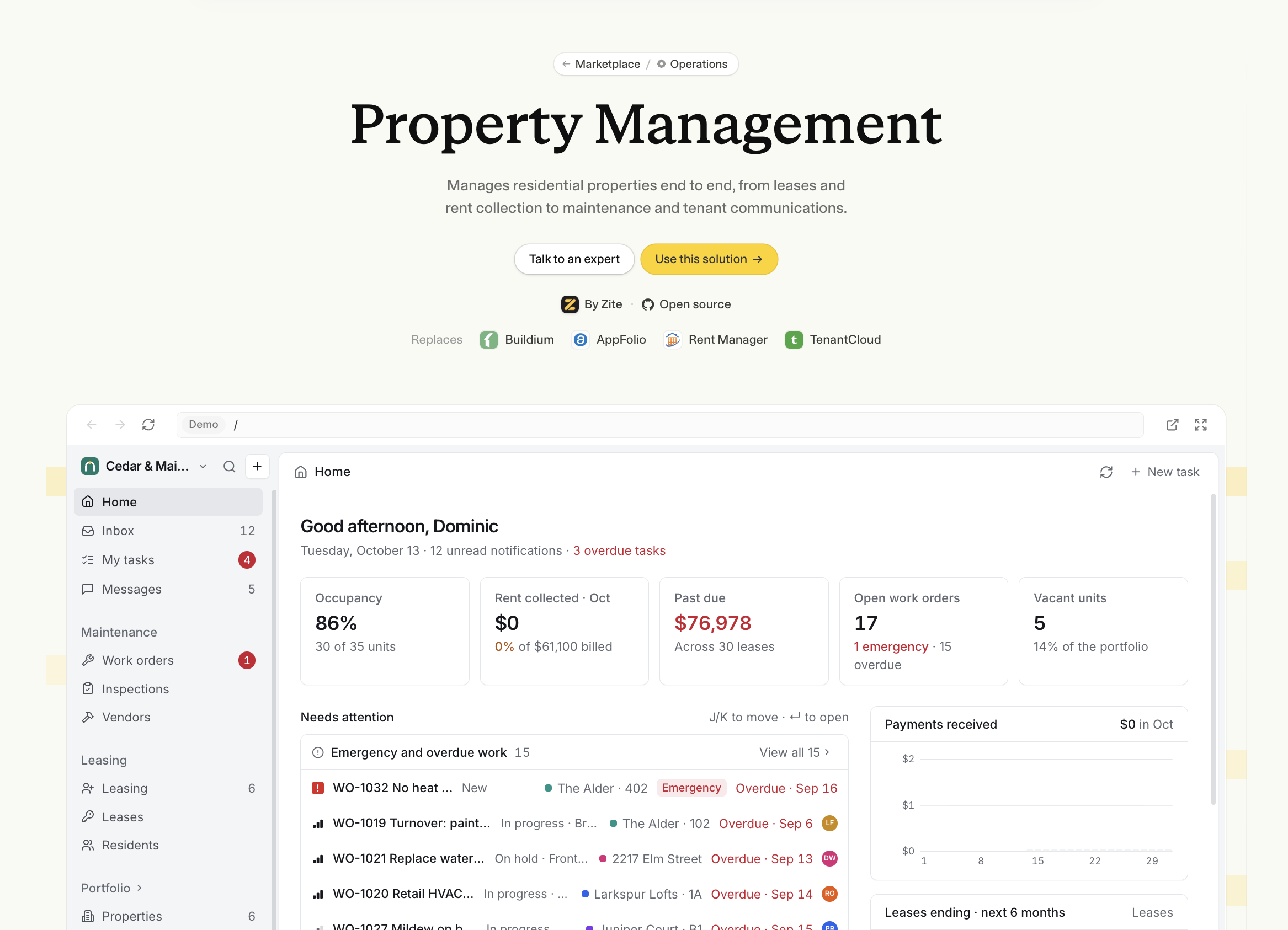 Property Management solution in the Zite Marketplace with a preview of its dashboard