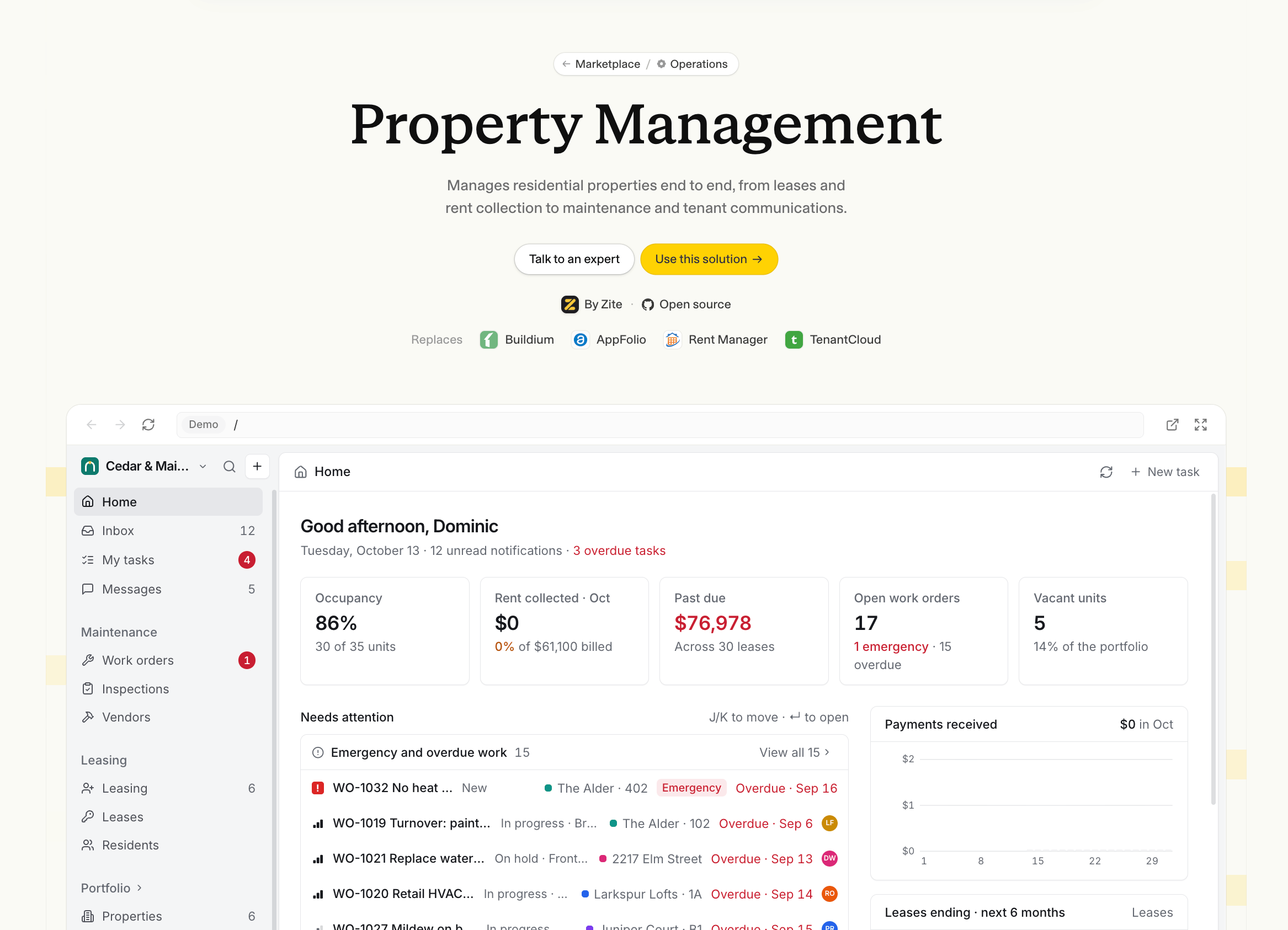 Property Management solution in the Zite Marketplace with a preview of its dashboard