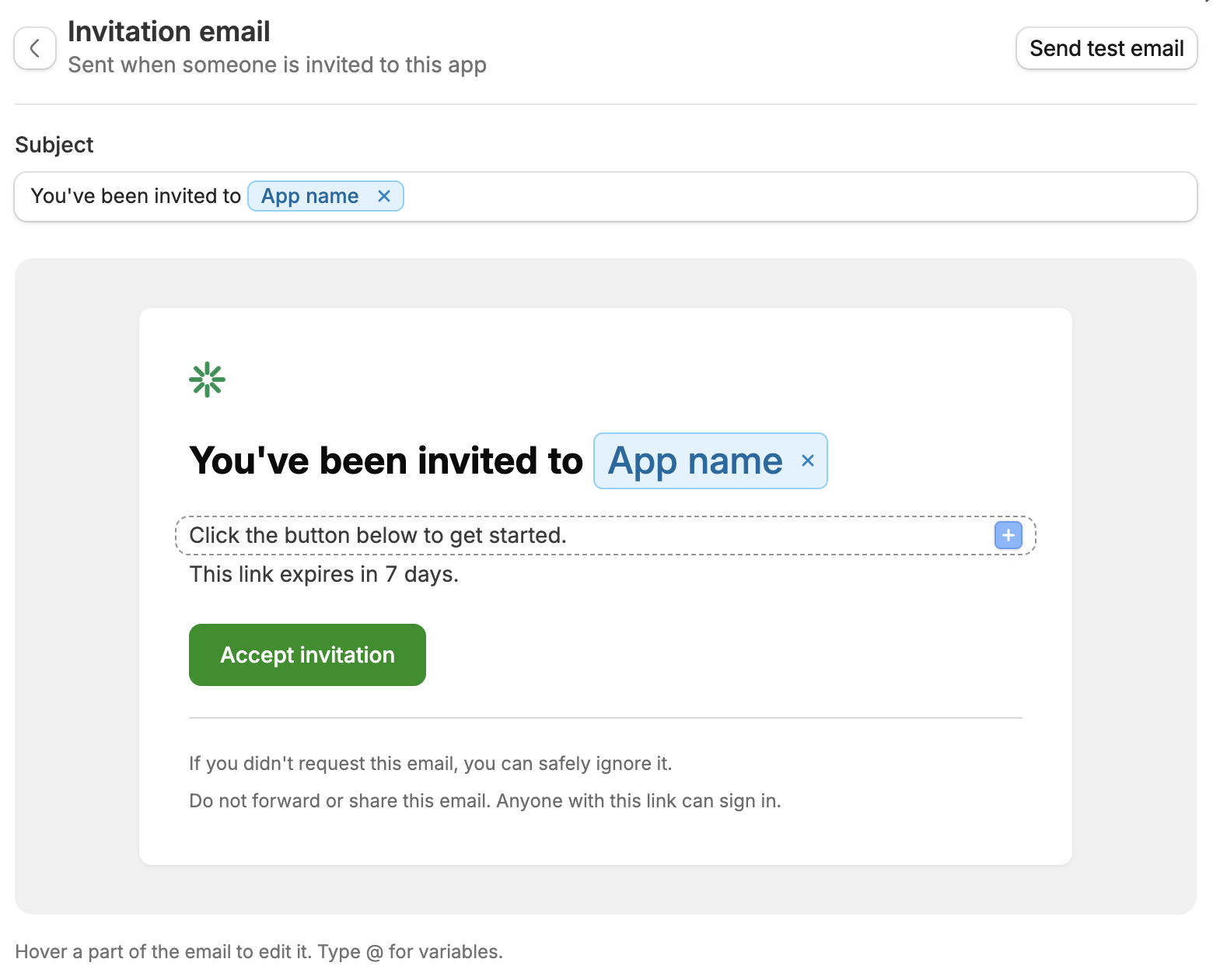 Invitation email editor with subject, editable message, and Send test email button