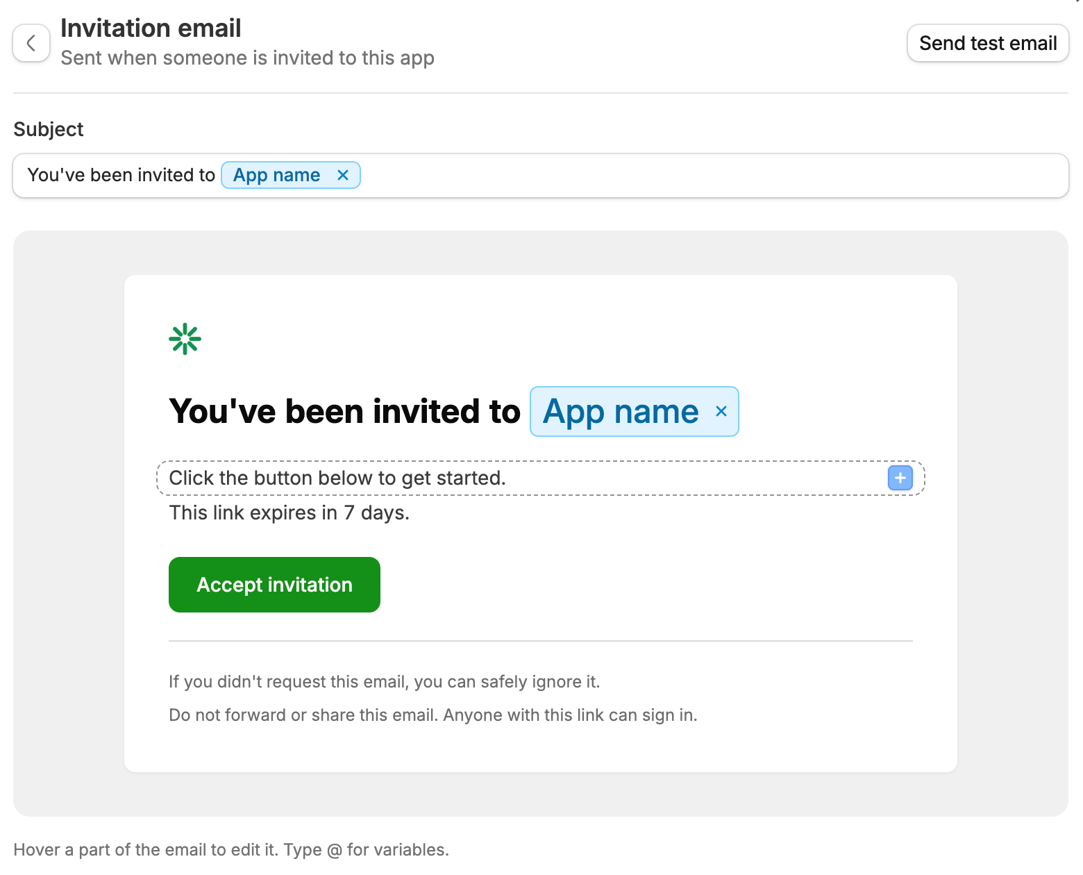 Invitation email editor with subject, editable message, and Send test email button