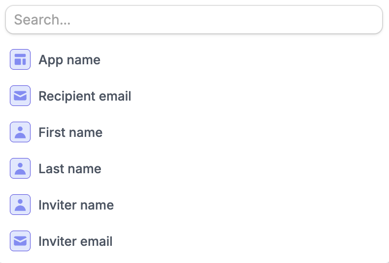 Variable menu with App name, Recipient email, First name, Last name, Inviter name, and Inviter email