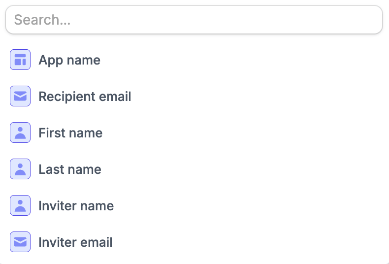 Variable menu with App name, Recipient email, First name, Last name, Inviter name, and Inviter email