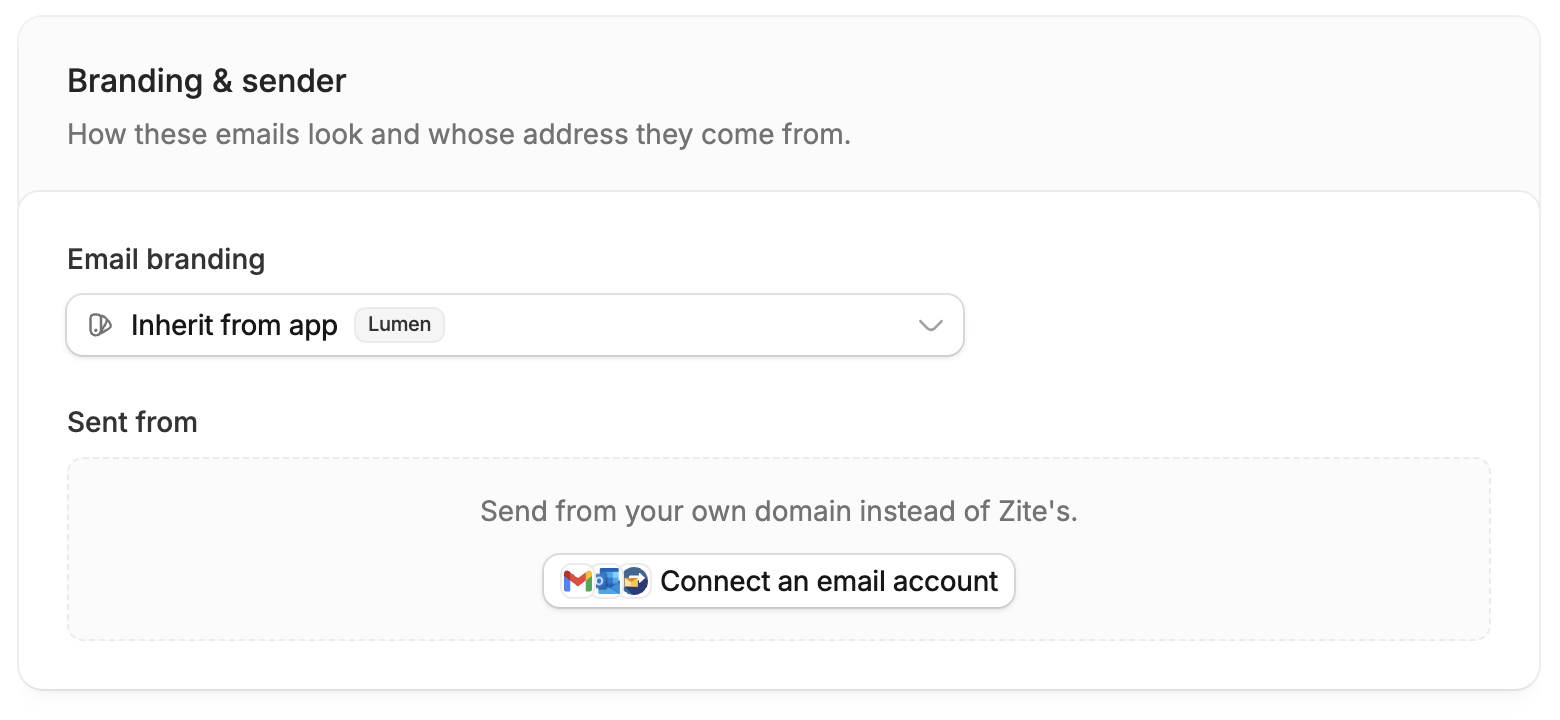 Email branding dropdown and Connect an email account button
