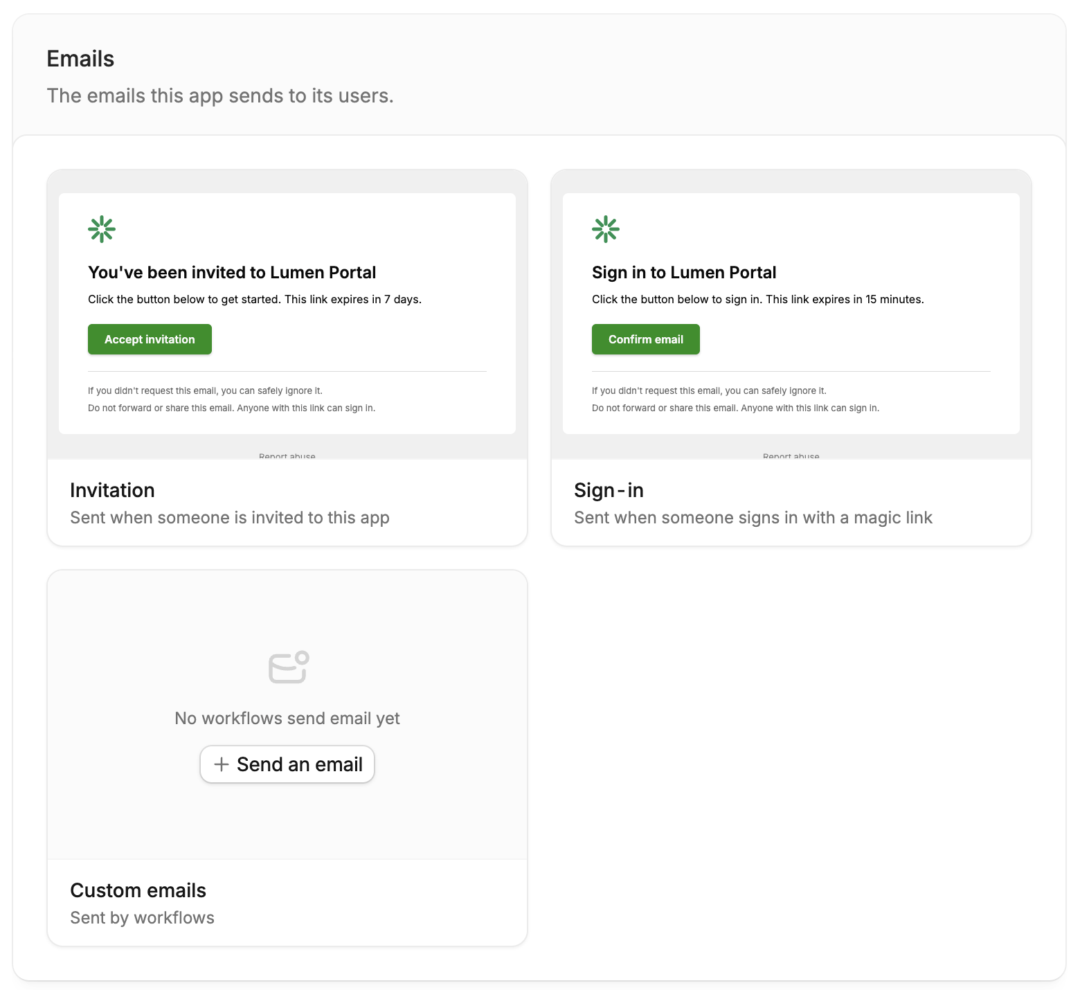 Invitation, Sign-in, and Custom emails cards