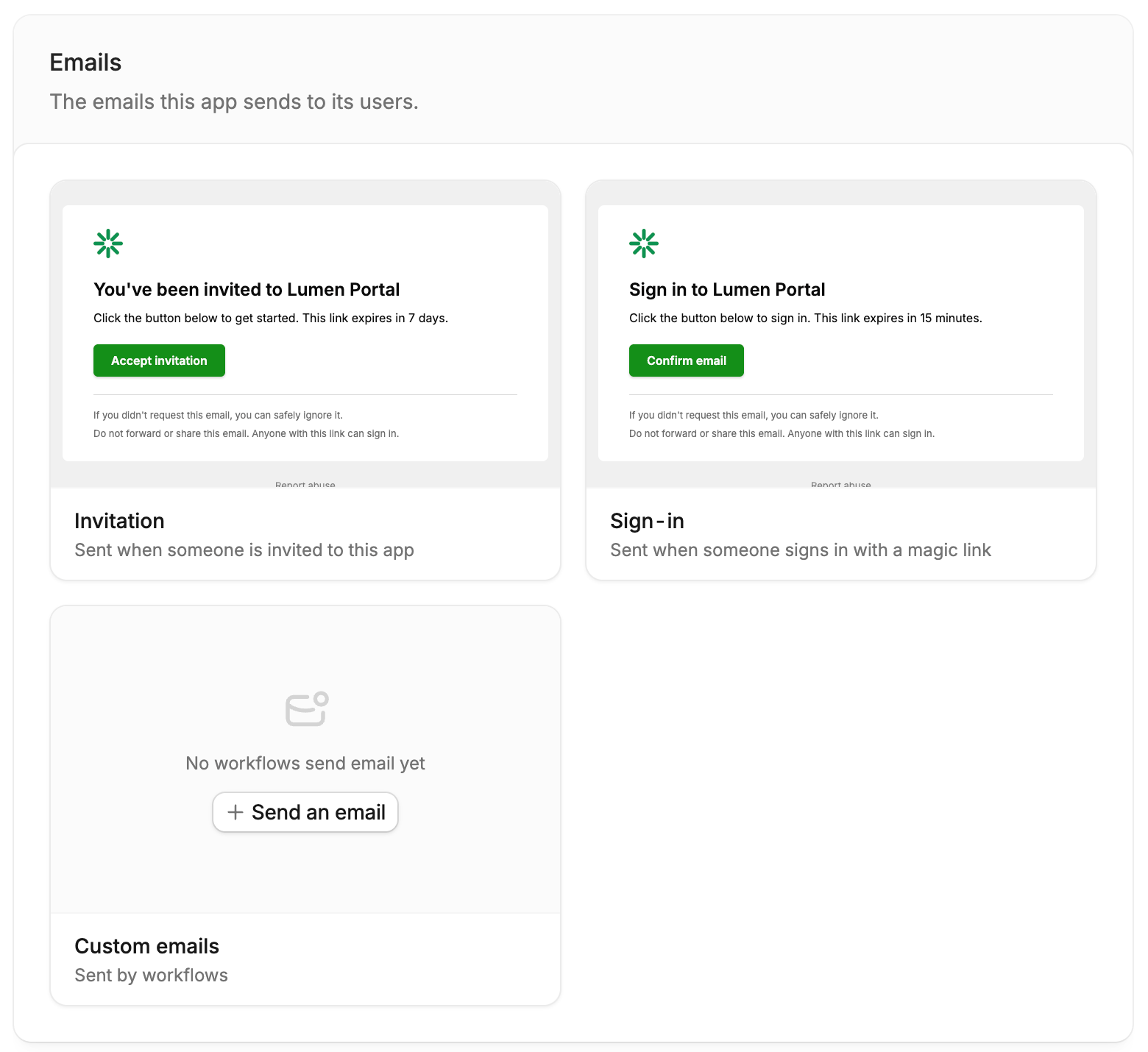 Invitation, Sign-in, and Custom emails cards