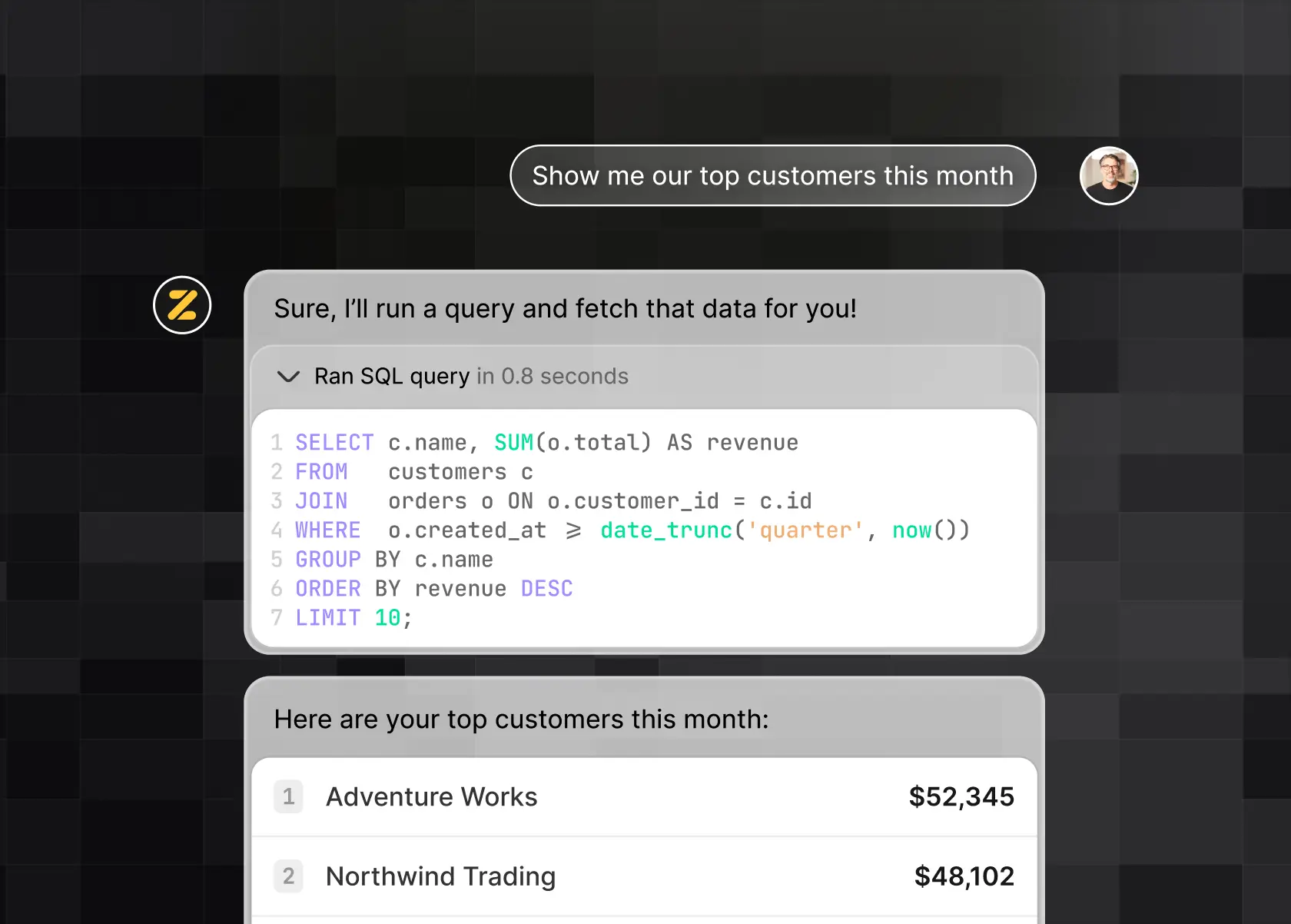 Zite running a SQL query and displaying top customers by revenue