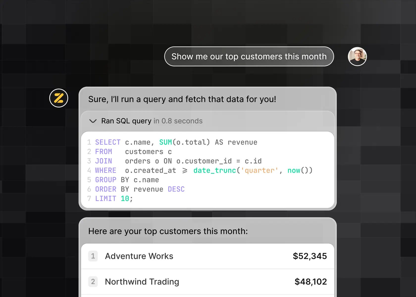 Zite running a SQL query and displaying top customers by revenue