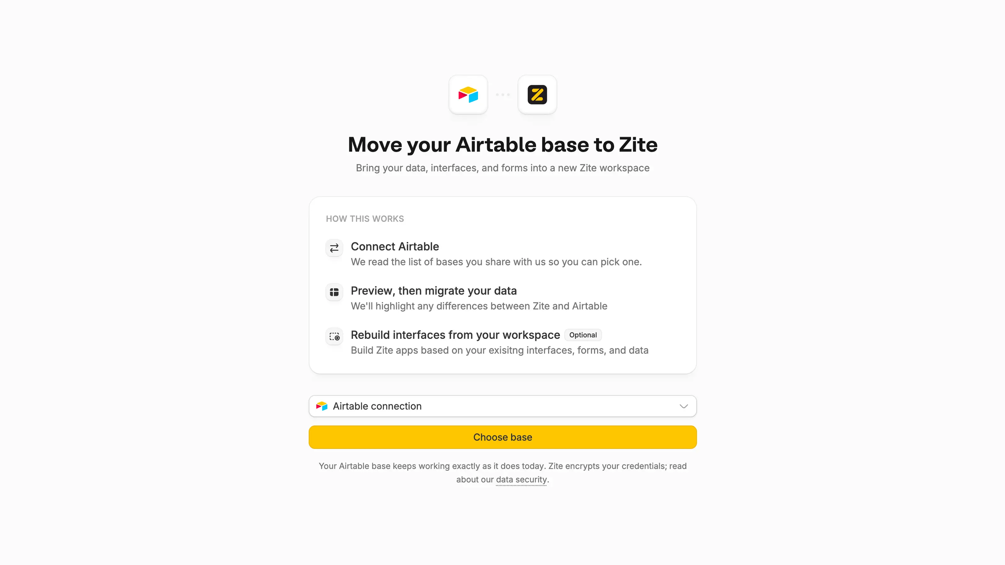 Airtable migration screen showing how to connect a base, preview import differences, and rebuild interfaces in Zite
