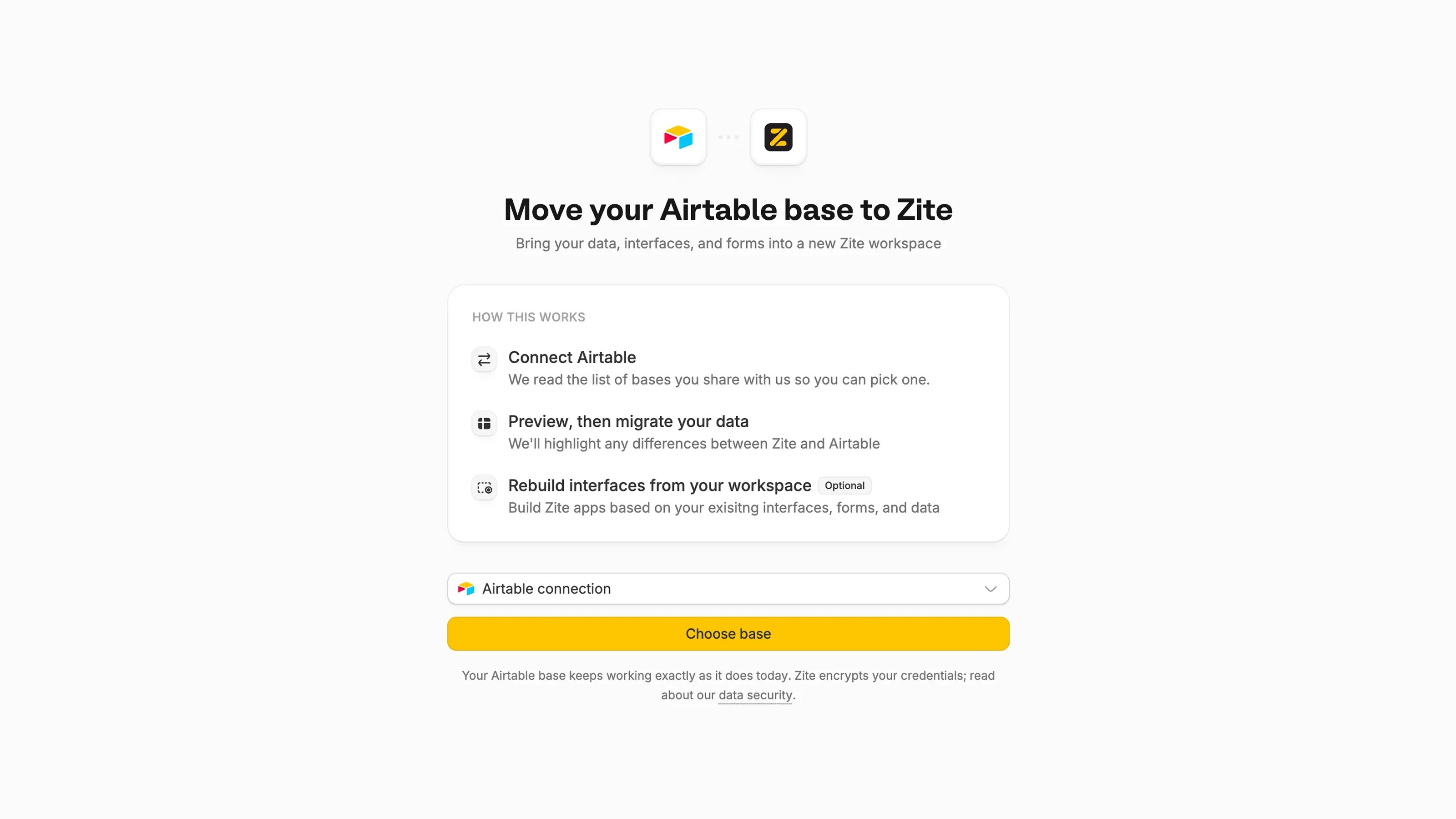 Airtable migration screen showing how to connect a base, preview import differences, and rebuild interfaces in Zite