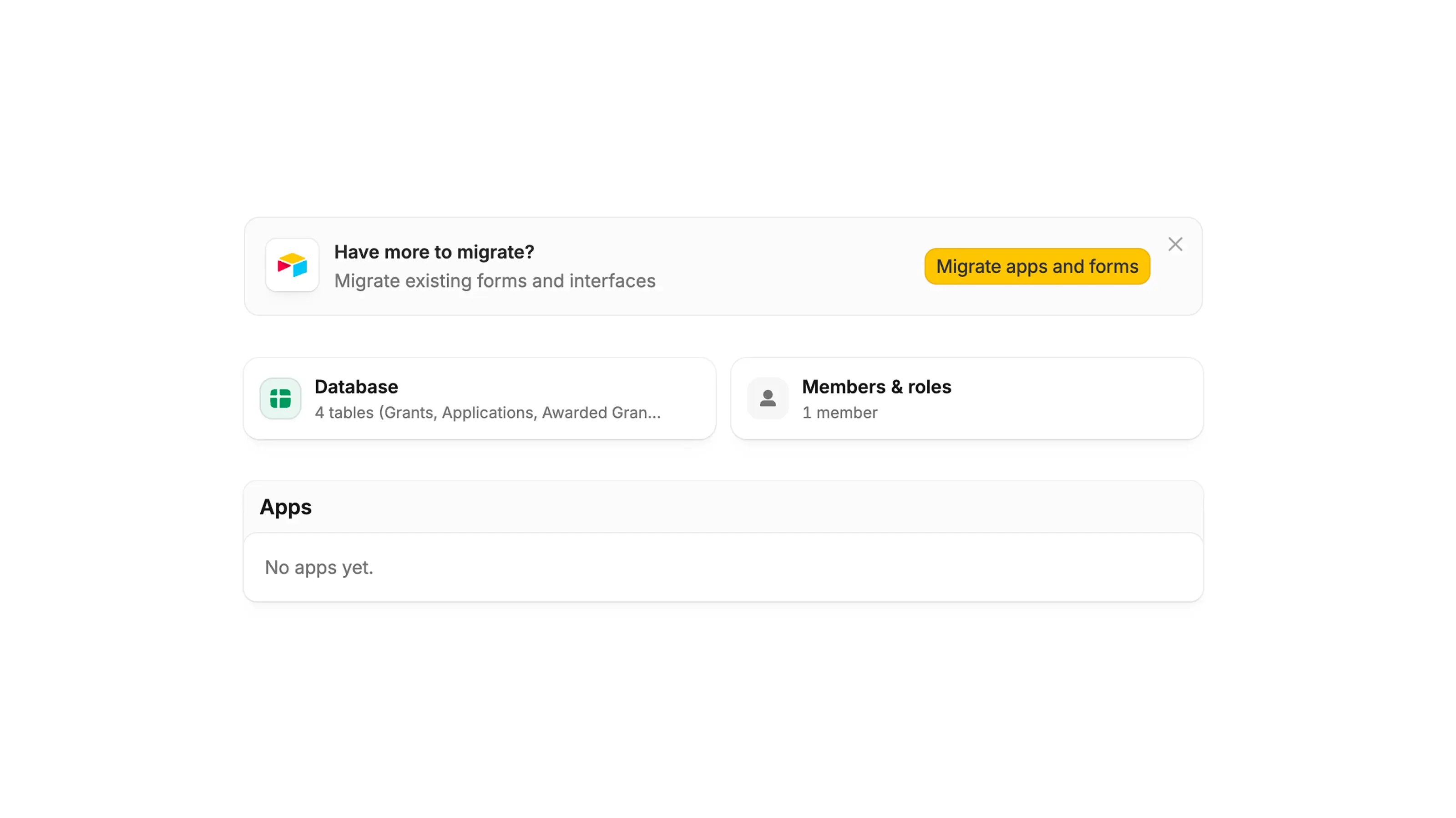 Migrated Zite workspace with an option to migrate existing Airtable apps and forms