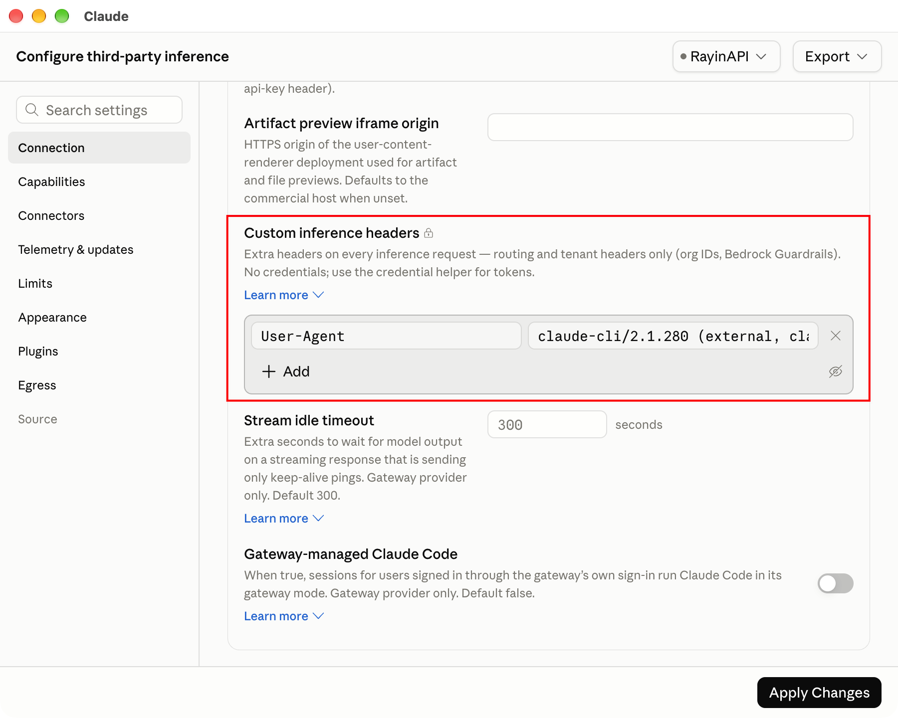 Custom inference headers 中填写 User-Agent