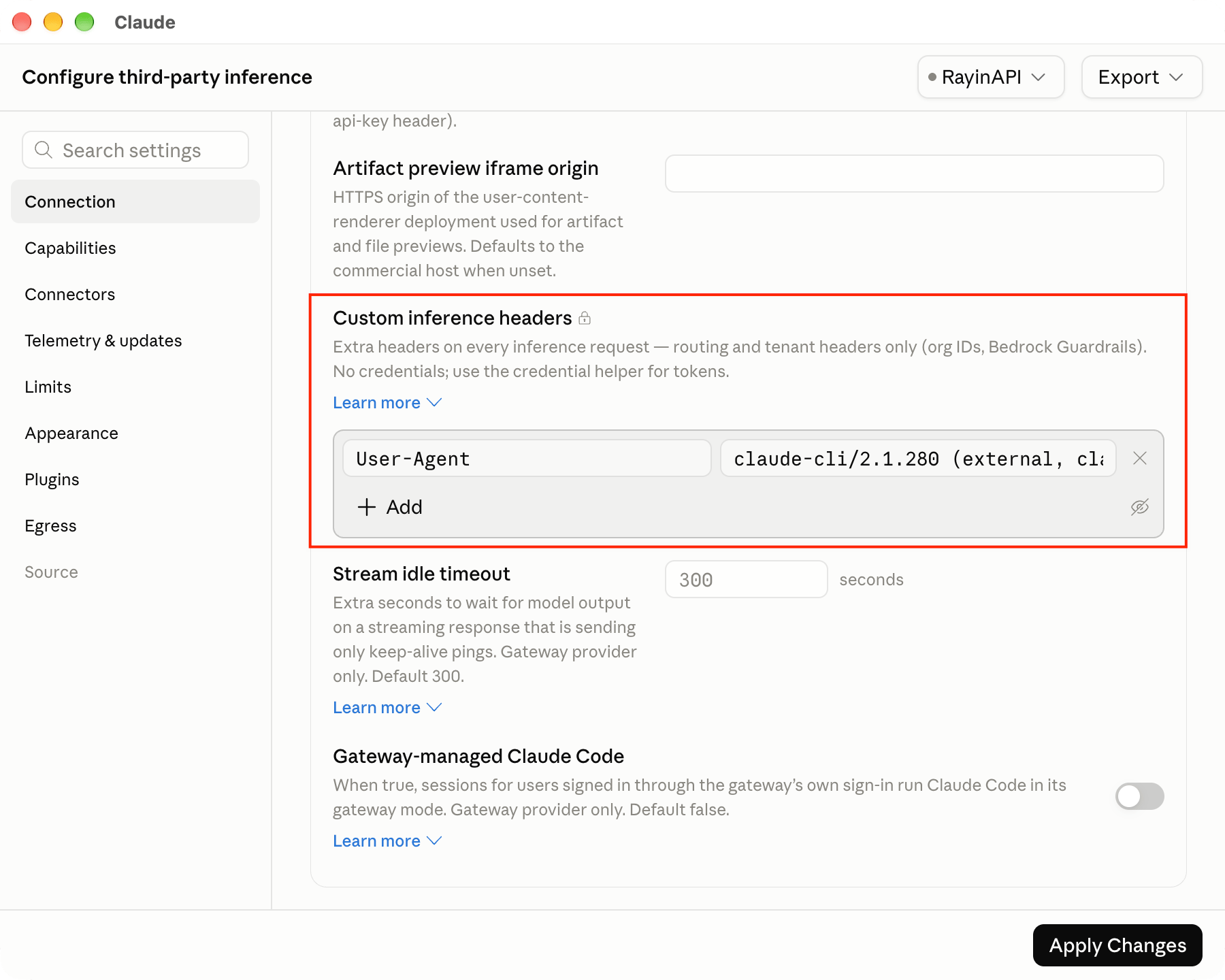 Custom inference headers 中填写 User-Agent