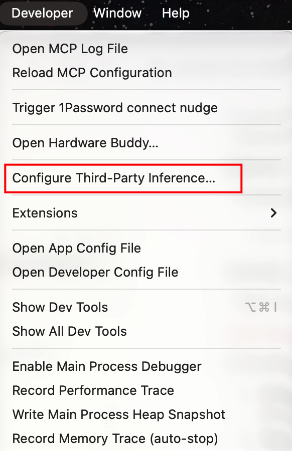 Developer 菜单中的 Configure Third-Party Inference 选项
