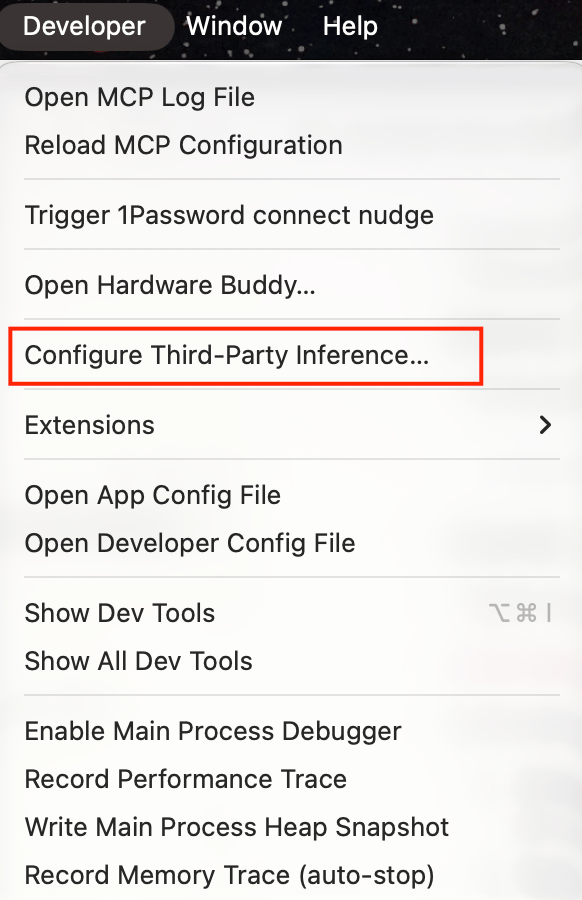 Developer 菜单中的 Configure Third-Party Inference 选项