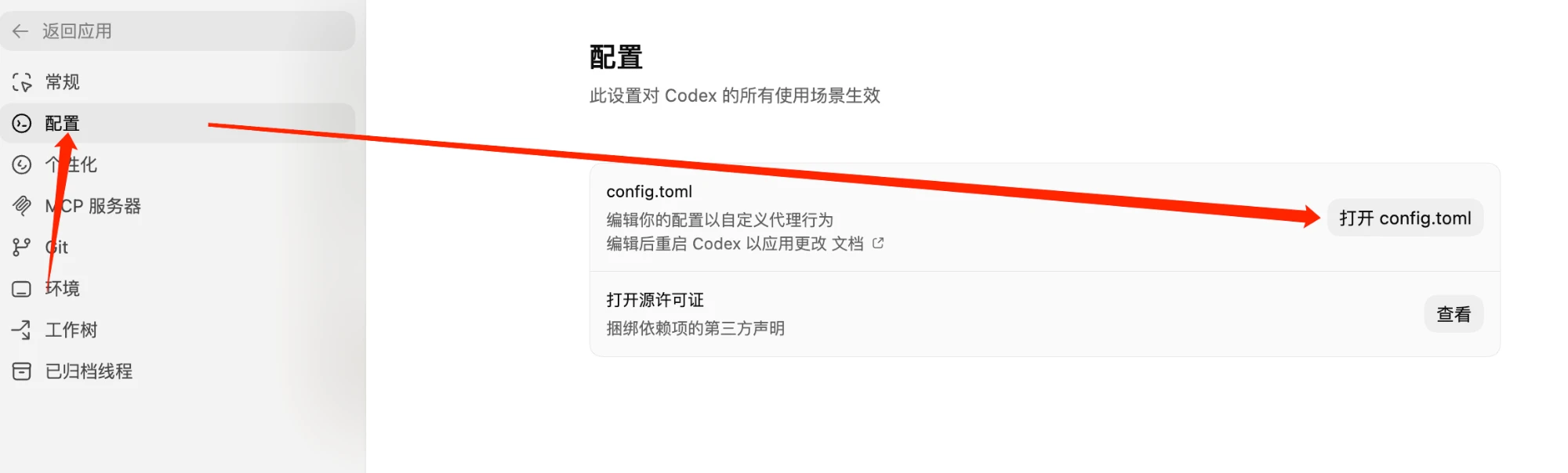 设置中的配置页面，点击打开 config.toml
