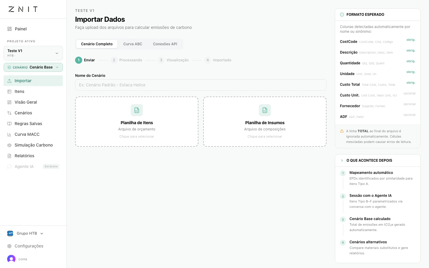 Página de importação mostrando seletor de modo e dropzone do arquivo principal