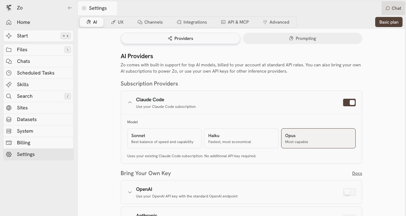 Claude Code settings in Zo
