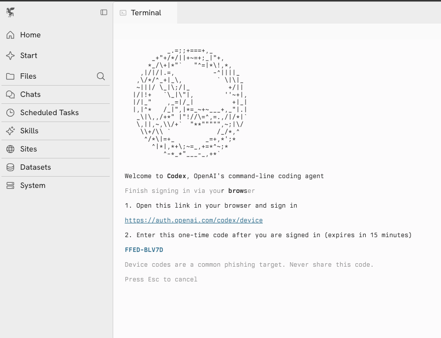 Codex terminal showing the device code and URL
