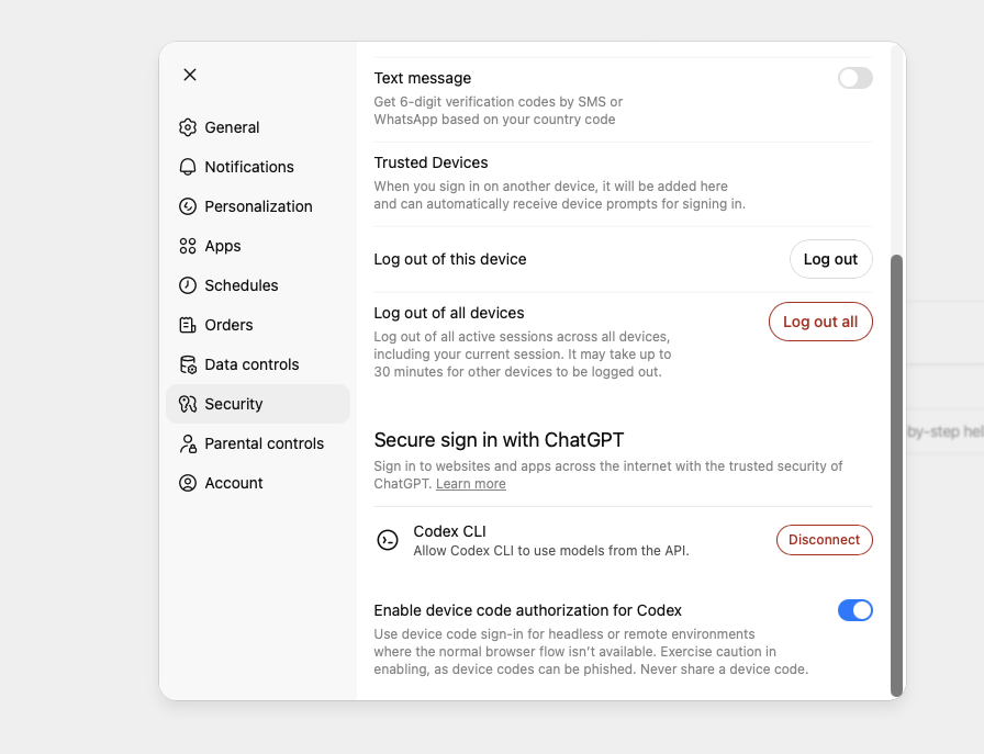 ChatGPT security settings showing the device code toggle
