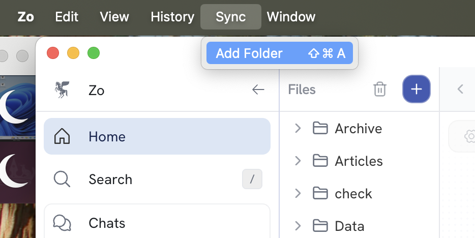 Sync menu in the Zo desktop app