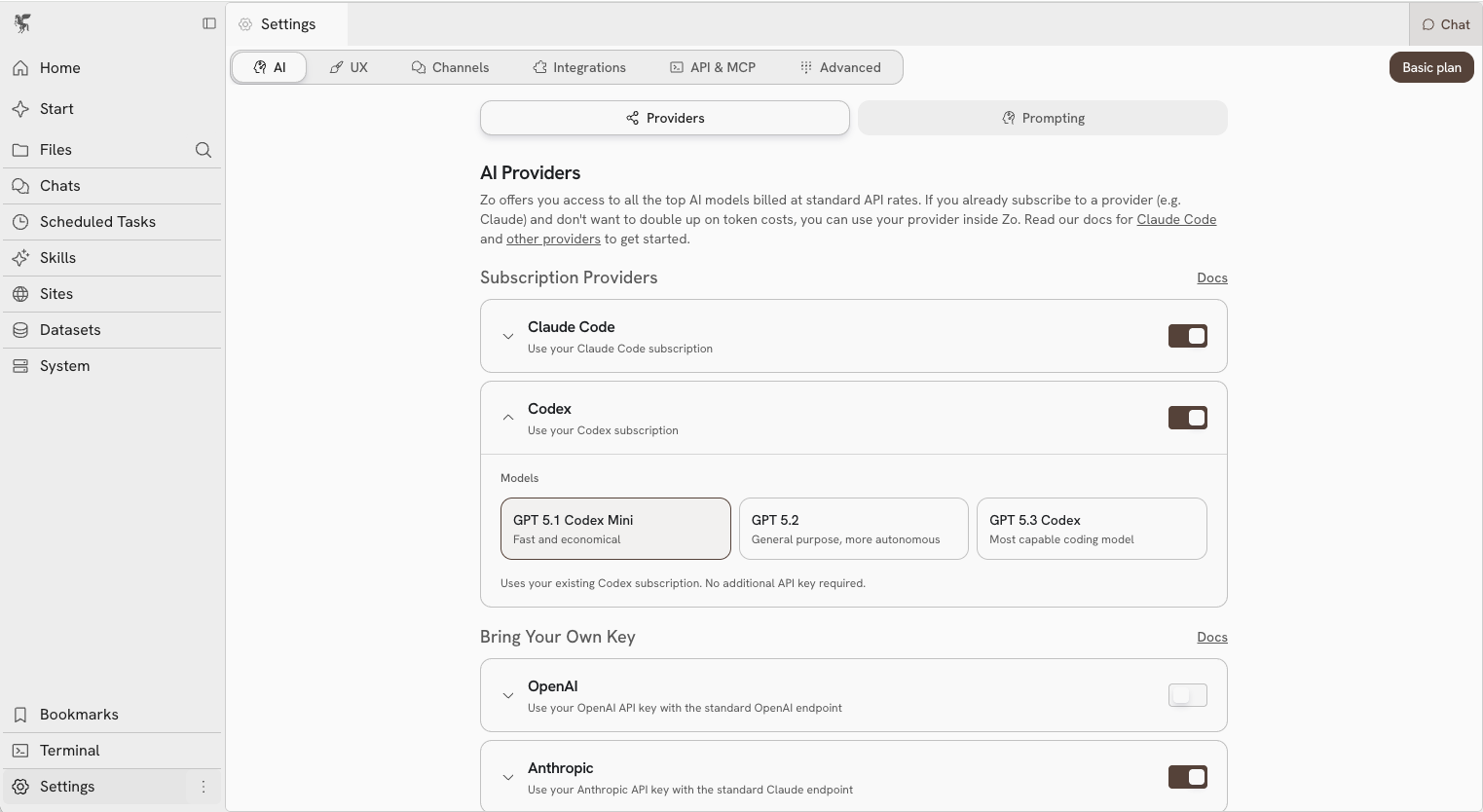 Codex settings in Zo