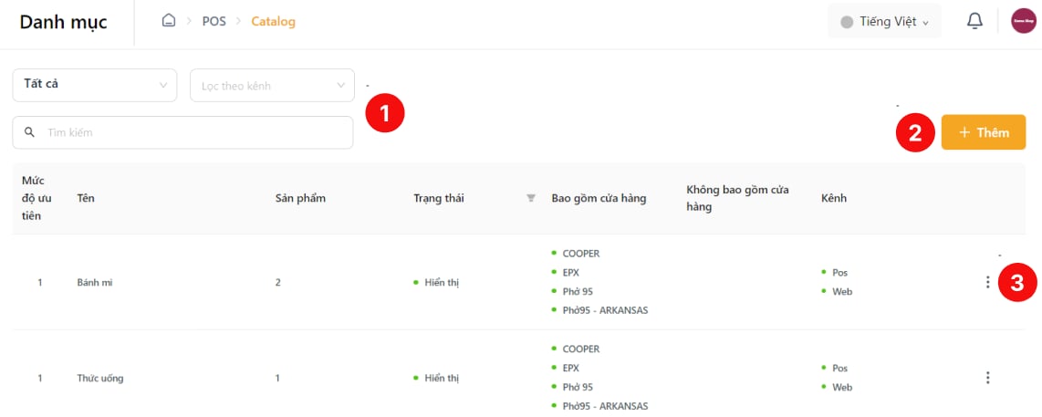 Giao diện quản lý danh mục
