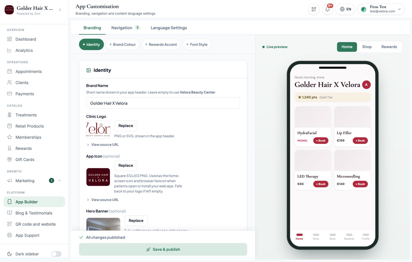 App Builder with customisation fields and a phone preview