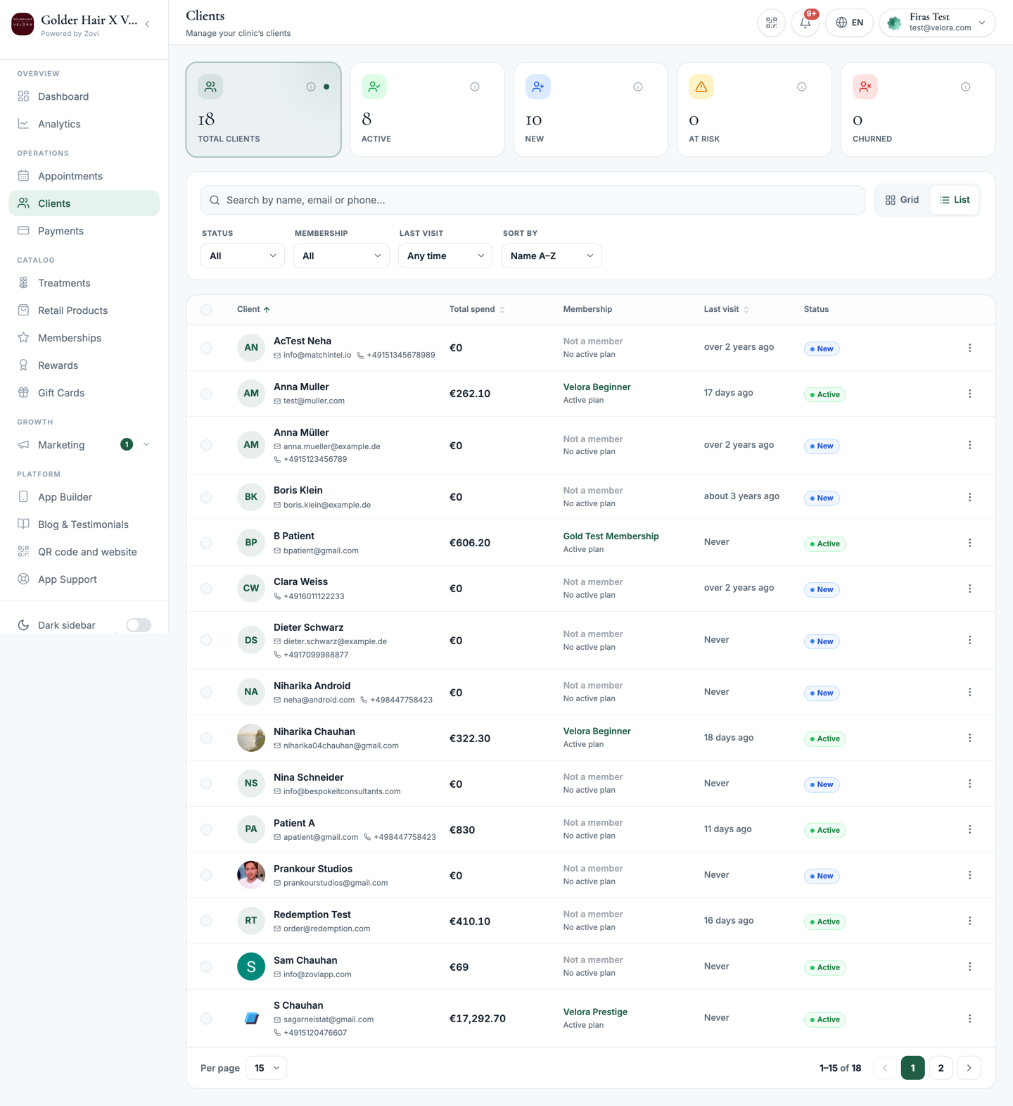 The Clients list showing stat cards and a grid of client cards