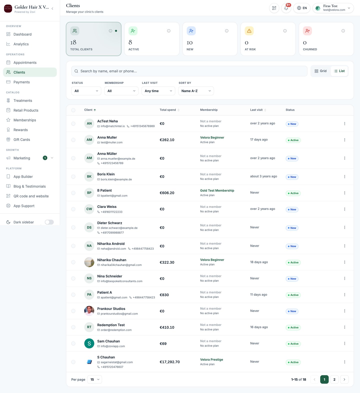 The Clients list showing stat cards and a grid of client cards