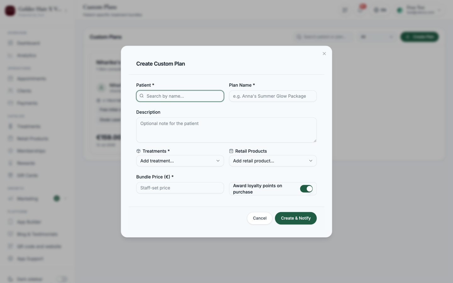 The custom plan builder form