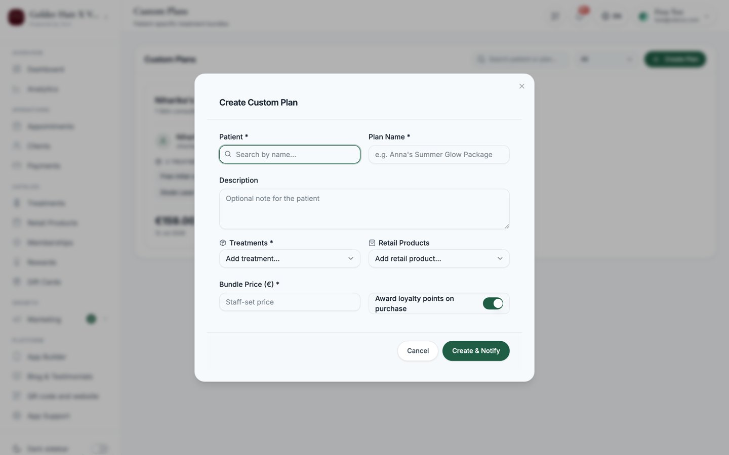 The custom plan builder form