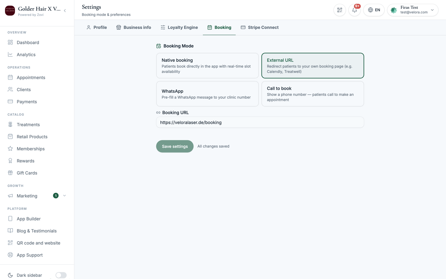 Booking settings page