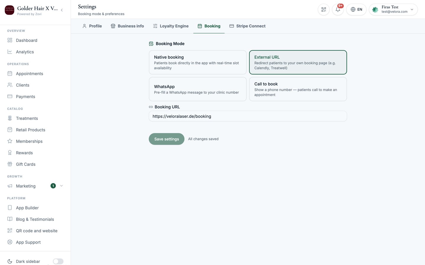 Booking settings page