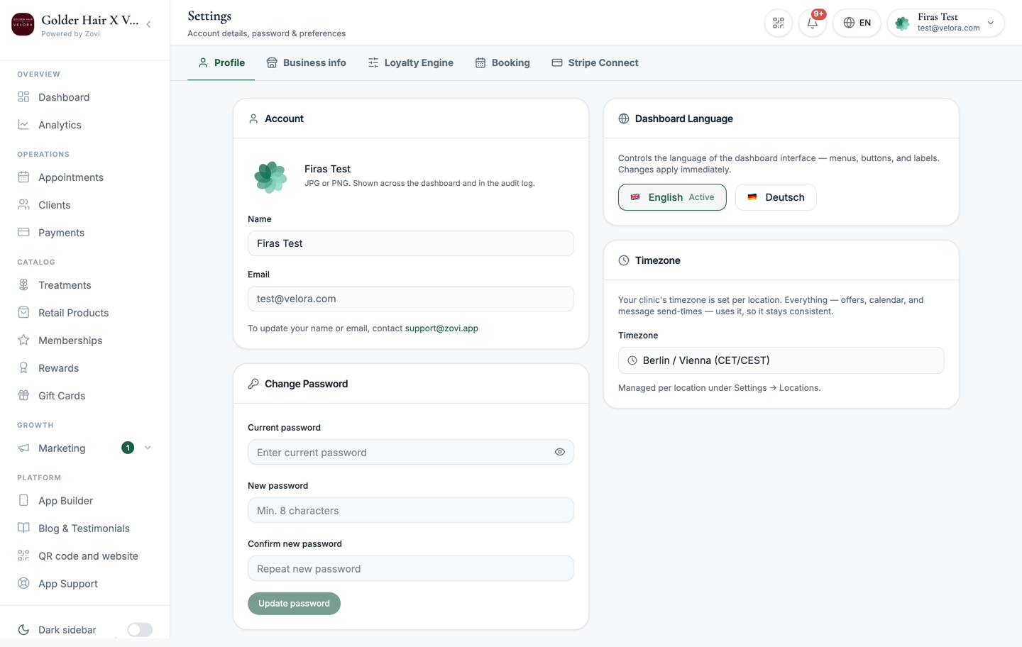 Profile settings page