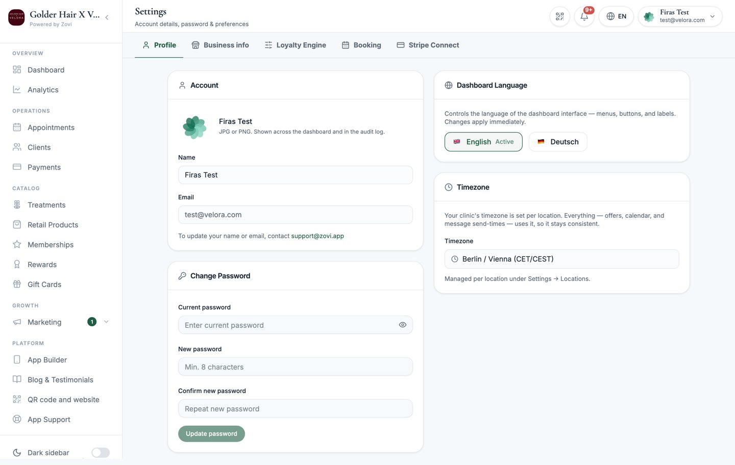 Profile settings page