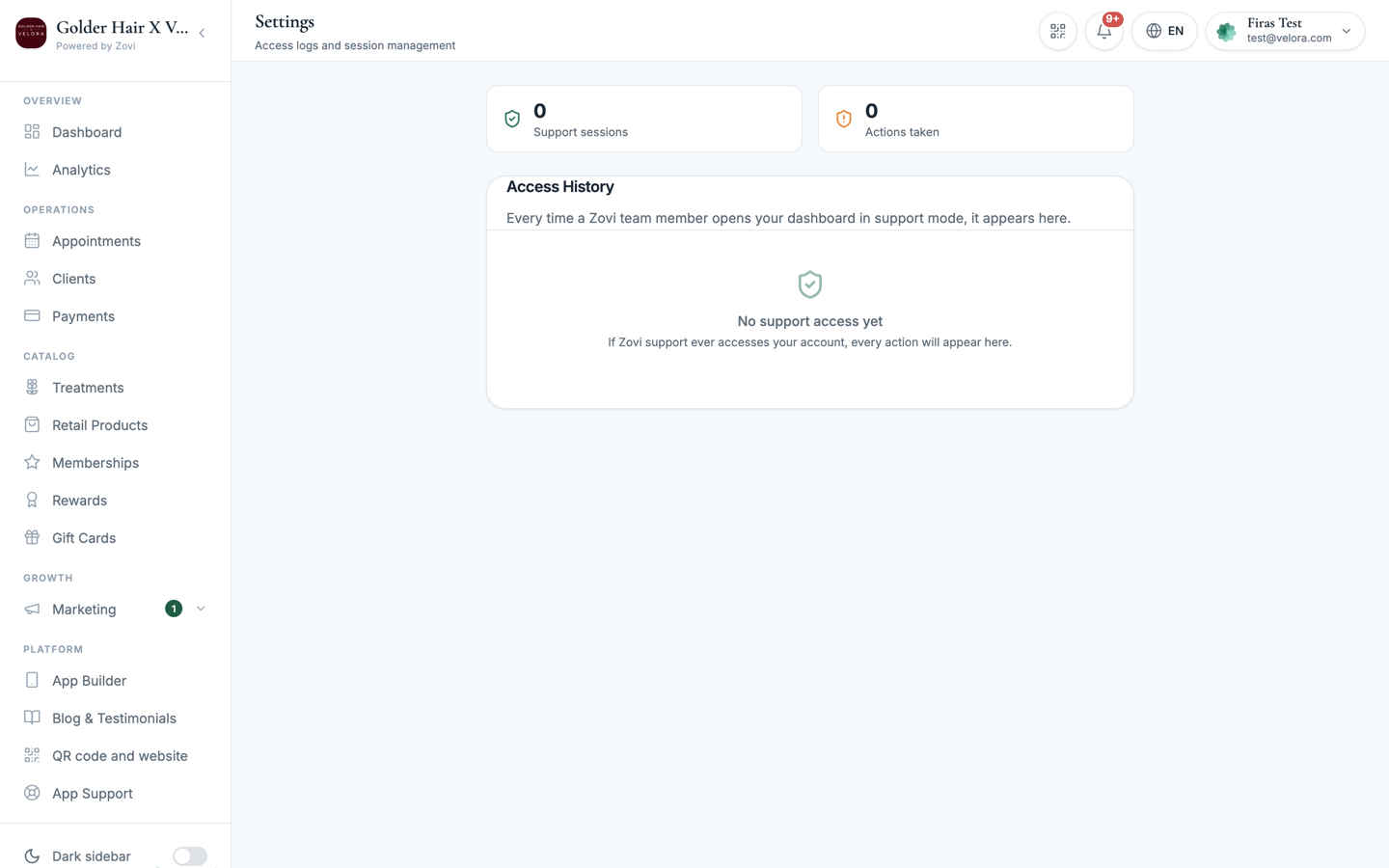 Security page with two-factor authentication and access history