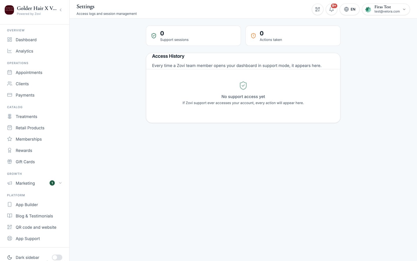 Security page with two-factor authentication and access history