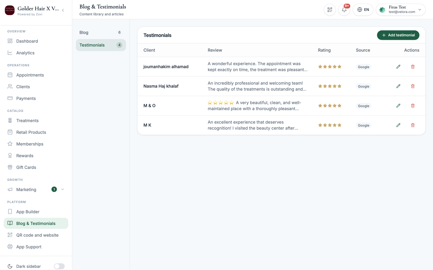 Testimonials table and dialog