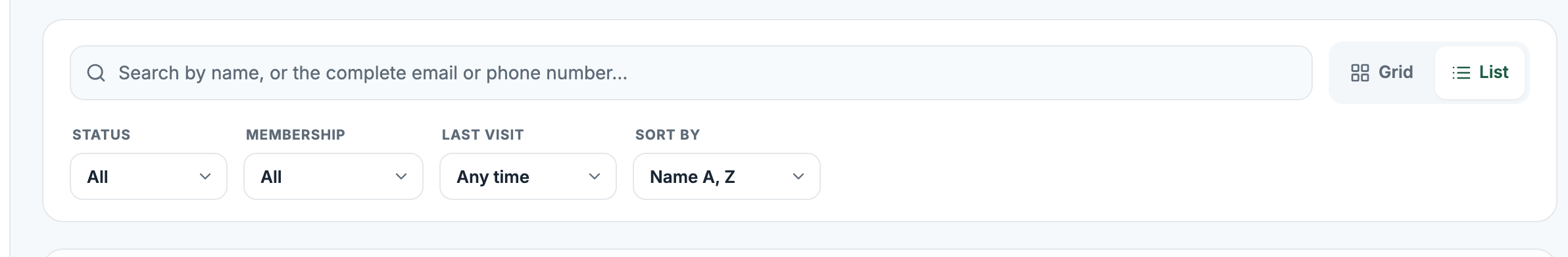 The Clients toolbar with search, view toggle, and filters