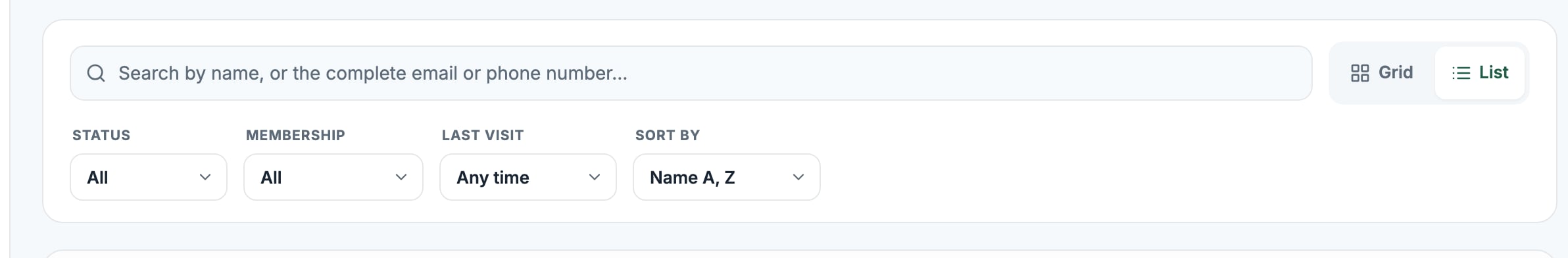 The Clients toolbar with search, view toggle, and filters