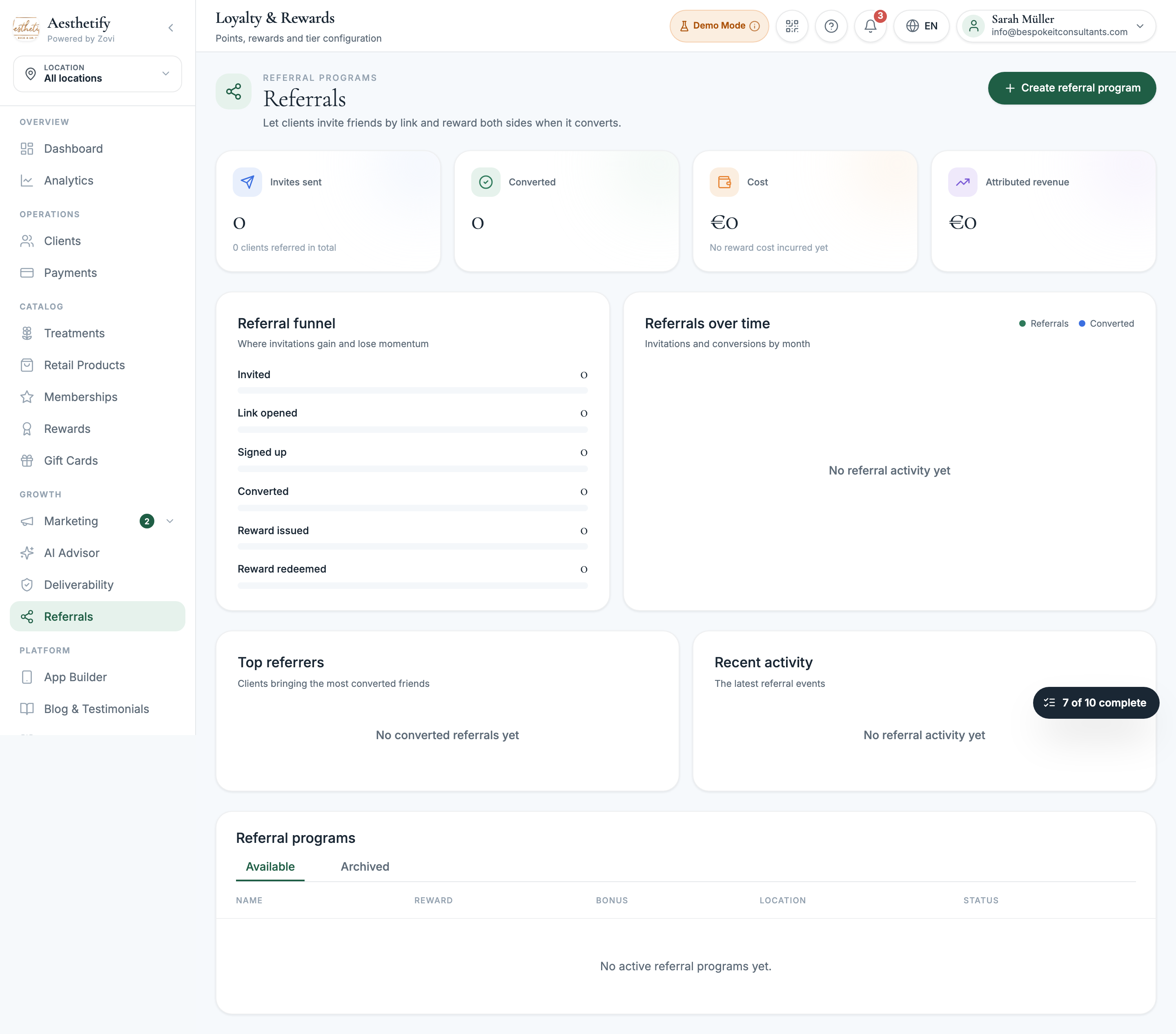 The Referrals page in the Zovi dashboard