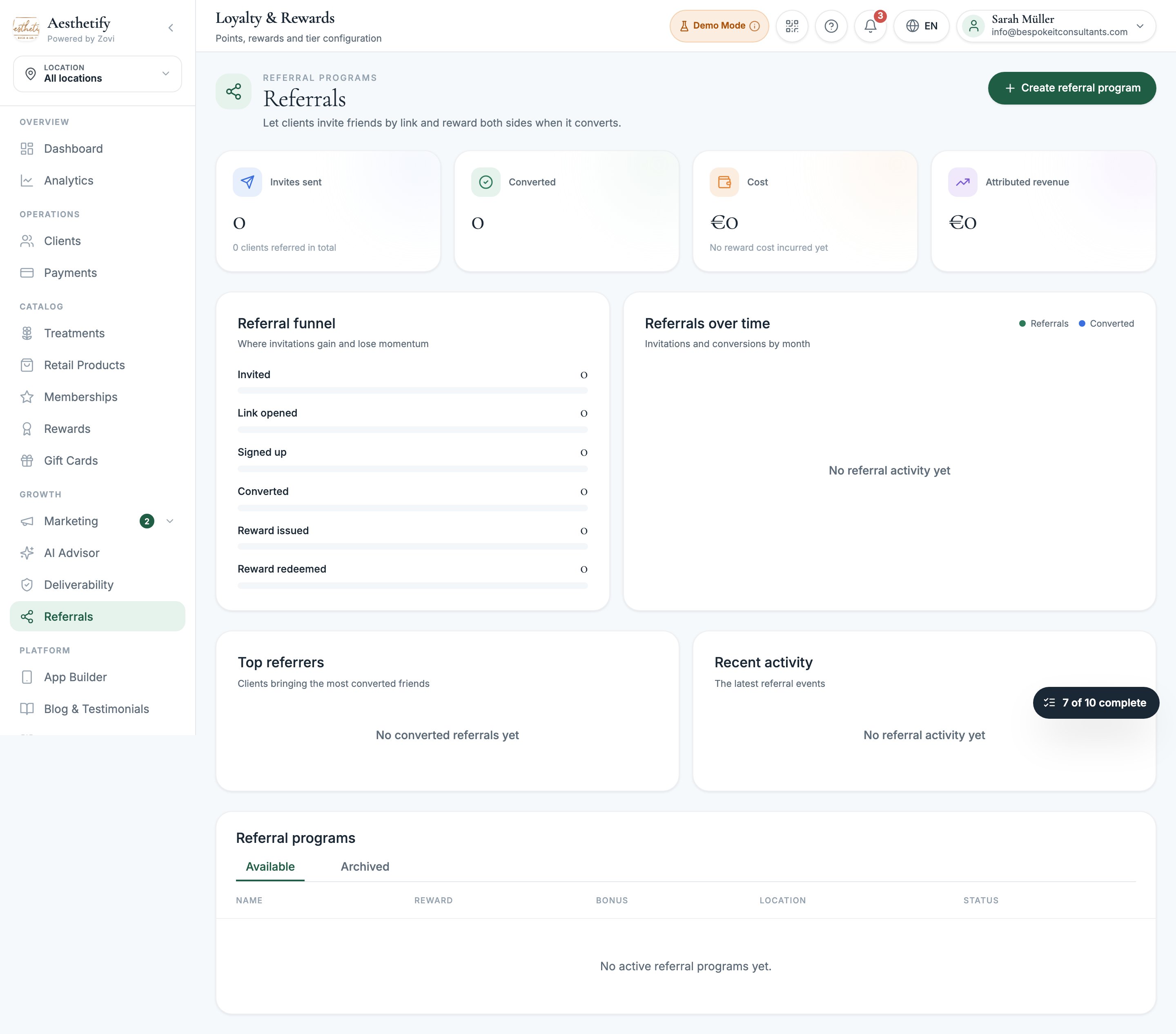 The Referrals page in the Zovi dashboard
