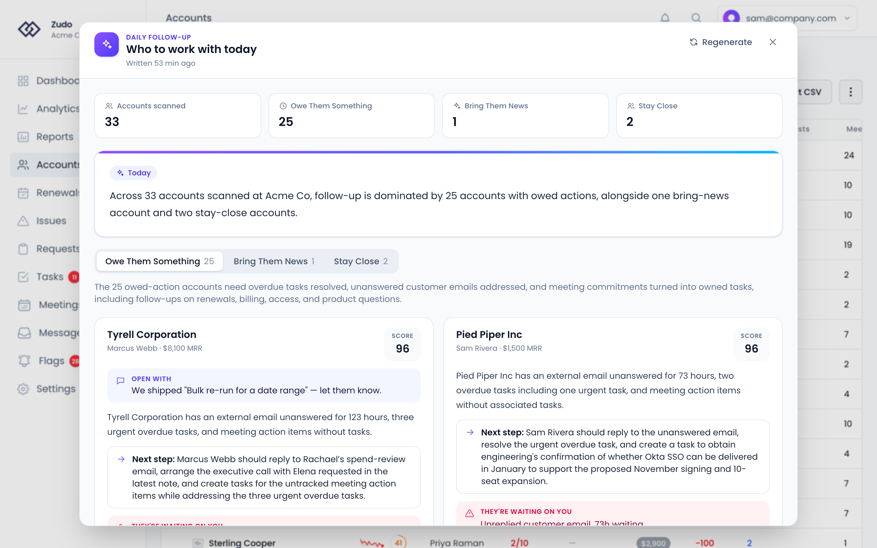 The Daily Follow-Up modal: counts for each lane, an overview of the day, and account cards with why each was flagged and a recommended next step
